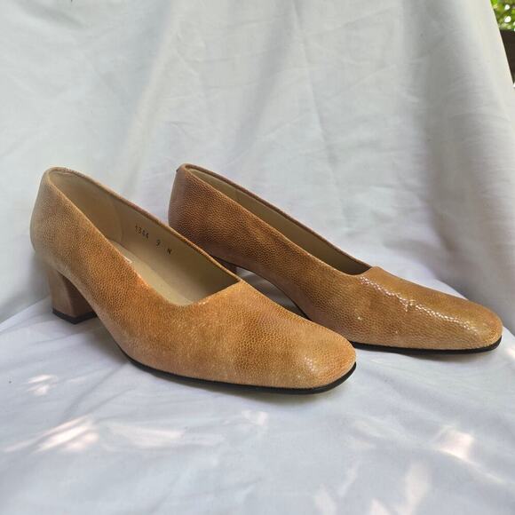 NEW Vtg Enzo Angliolini Square-Toe 9N Deadstock Tan Leather Textured Old Money - Picture 2 of 10